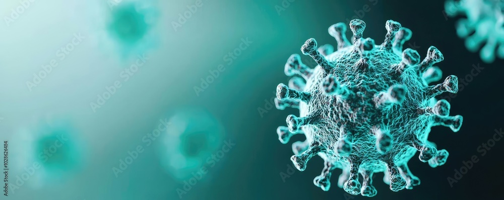 Close-up view of a virus structure against a blurred background.