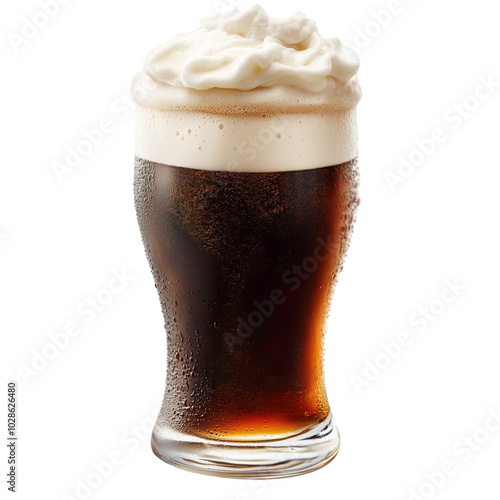 A glass of dark beer with foam on top, a front view, isolated on a transparent background photo