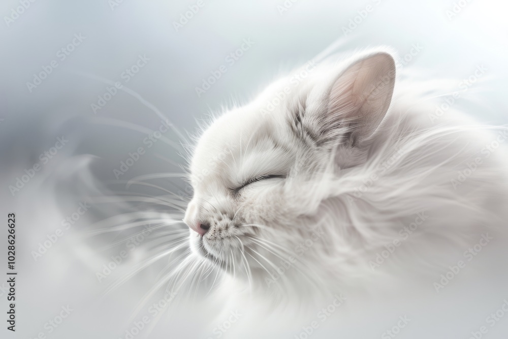 A white cat enjoys a gentle breeze, its fur softly tousled by the wind, embodying peace and contentment in a moment of tranquility.