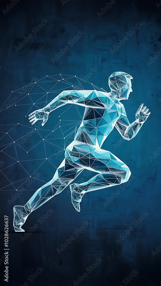 Abstract running man form lines and triangles, point connecting network on blue background. Illustration vector Abstract running man form lines and triangles, point connecting network on blue background. Illustration vector