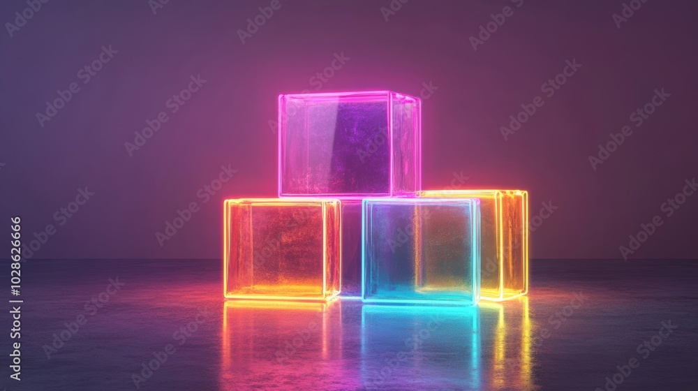 A futuristic design of glowing neon cubes stacked together, illuminated in bright colors like pink, yellow, and blue against a dark backdrop. A futuristic design of glowing neon cubes stacked together, illuminated in bright colors like pink, yellow, and blue against a dark backdrop.