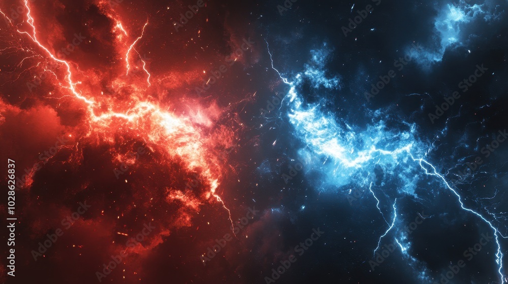 Epic battle of red and blue lightning strikes, clashing in a stormy sky, generating waves of energy and electrical power Epic battle of red and blue lightning strikes, clashing in a stormy sky, generating waves of energy and electrical power