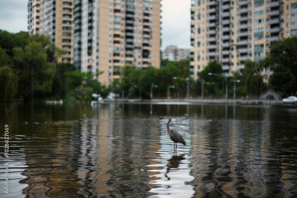 Obraz premium A solitary heron stands elegantly on a serene urban pond, framed by towering apartment buildings and lush greenery.