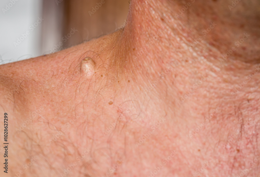 Naklejka premium Atheroma, benign growth on the male body, close up