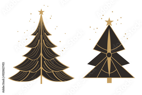 Vector Set with Christmas trees and confetti in Art Deco style. Hand drawn flat elegant festive New Year decor. Modern winter glamorous Xmas trees for design, flyer, card, poster, congratulation, icon