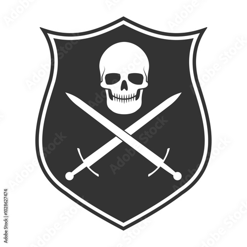 Skull and swords crossed coat of arms. Crest and shield symbol sign. Logo design. Vector illustration image.