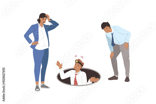 Team business people explore abyss, experiencing perplexity due to lack of solutions to problems. Perplexity among office workers who want to find new opportunity or funding reserves for advertising