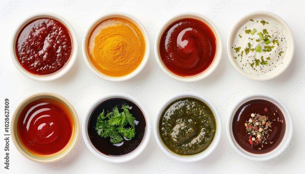 Top View of Various Sauces Perfect for Dipping and Cooking Top View of Various Sauces Perfect for Dipping and Cooking