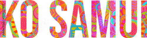 Ko Samui exotic island title filled with hand drawn floral pattern. Use for trevel blogs title, print, banner design, merch
