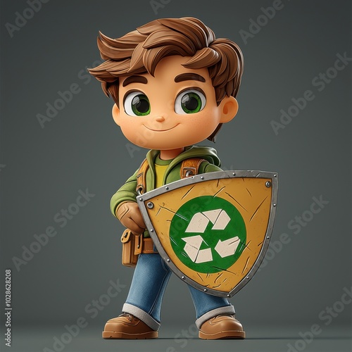 An animated eco-champion brandishing a shield emblazoned with a recycling emblem, promotes eco-friendly practices and defends our planet. photo