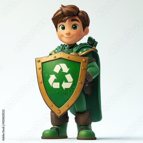 An animated eco-champion brandishing a shield emblazoned with a recycling emblem, promotes eco-friendly practices and defends our planet. photo