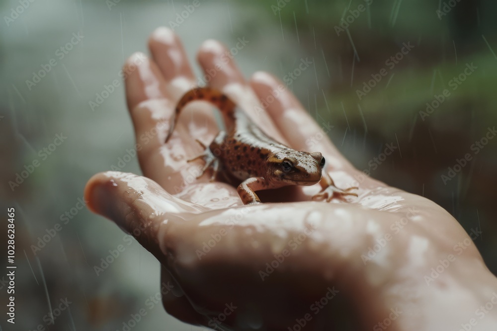 Obraz premium A delicate salamander rests on a gently cupped hand in the rain, highlighting nature's intricate beauty and a moment of connection.