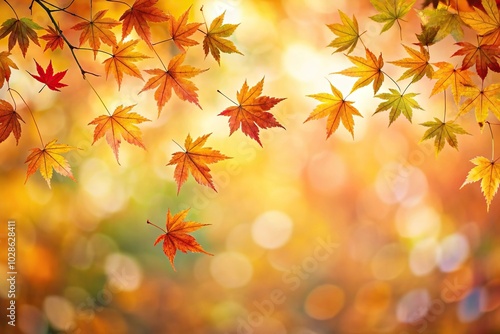 Panoramic background of maple leaves flying with defocused backdrop