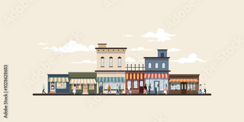 Cityscape winter season have people holding a lot of shopping bags walking from retail store graphic illustration.