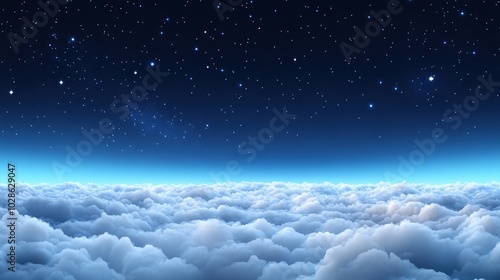 A serene starry night sky stretches above a sea of fluffy clouds, creating a peaceful and dreamlike atmosphere.