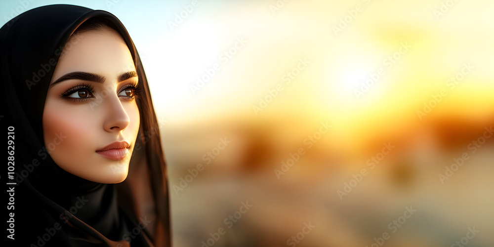 profile of beautiful muslim woman in burka enjoying the nature while sunrise; copy space profile of beautiful muslim woman in burka enjoying the nature while sunrise; copy space