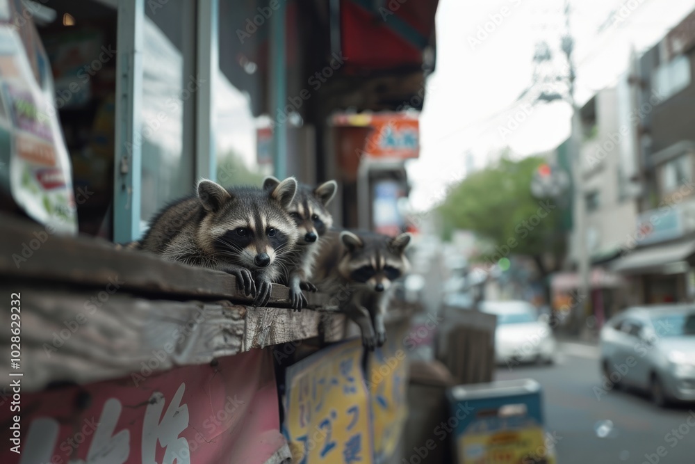 A group of curious raccoons peers over a rustic wooden ledge, inviting intrigue and evoking a sense of wilderness adventure. A group of curious raccoons peers over a rustic wooden ledge, inviting intrigue and evoking a sense of wilderness adventure.