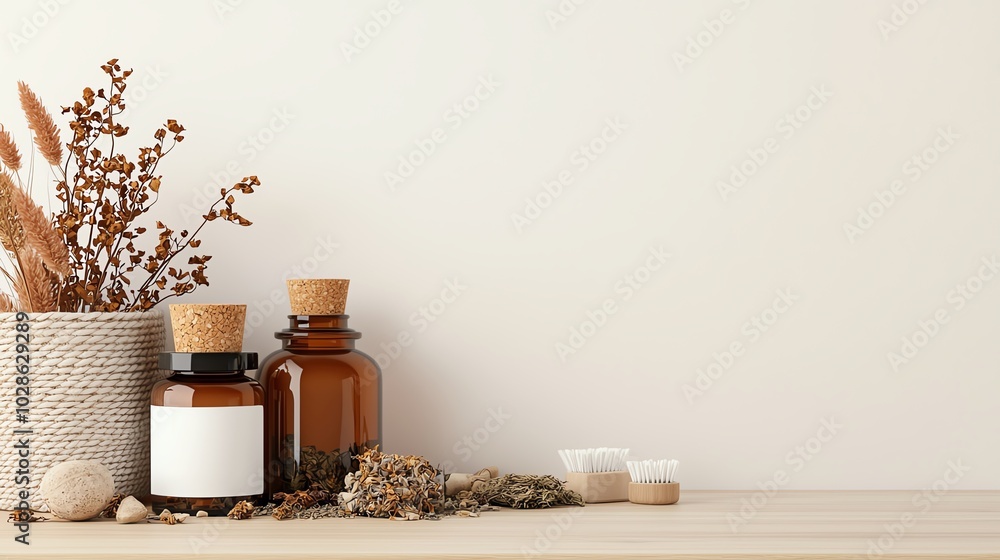 Natural wellness products in stylish containers on wooden surface. Natural wellness products in stylish containers on wooden surface.