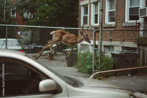 A deer gracefully leaps over a fence in an urban setting, juxtaposing nature’s freedom and agility with the city's structured environment.