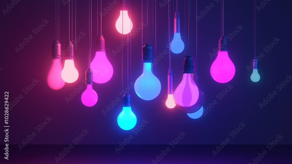 Minimalist Display of Hanging Neon Light Bulbs in Soft Pastel Glow Art Installation Minimalist Display of Hanging Neon Light Bulbs in Soft Pastel Glow Art Installation