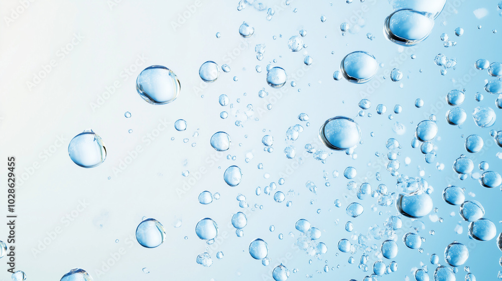 Floating Clear Water Droplets In Light Blue Environment With Transparency Effect Floating Clear Water Droplets In Light Blue Environment With Transparency Effect