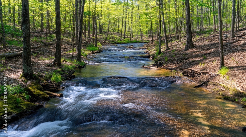 Peaceful Stream Flowing Through Lush Green Forest Peaceful Stream Flowing Through Lush Green Forest