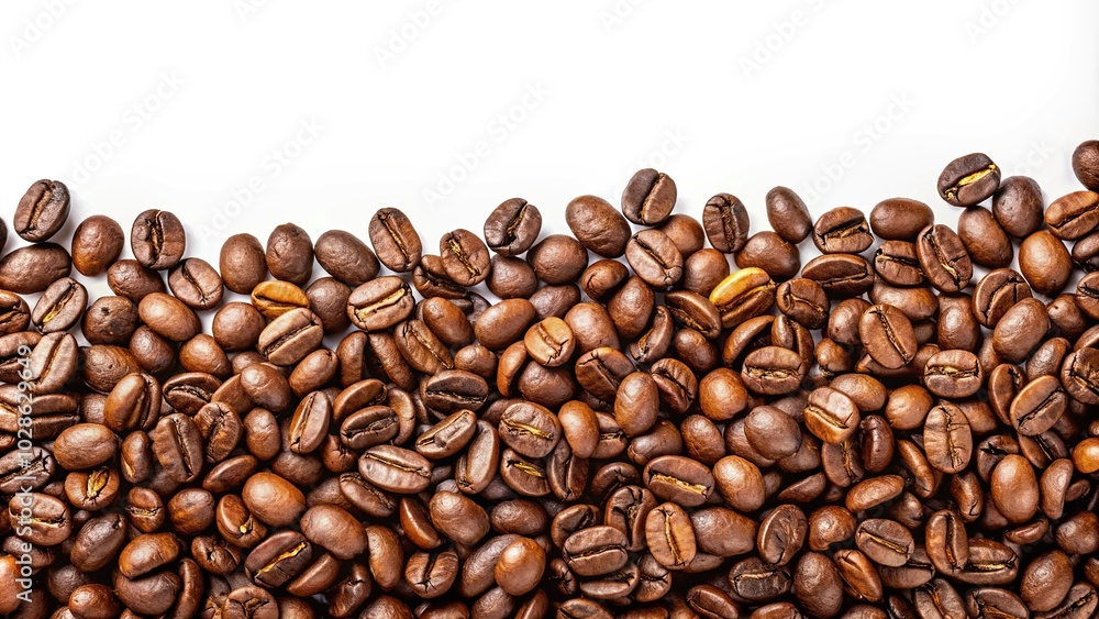 Fototapeta premium Panoramic border of coffee beans on white background
