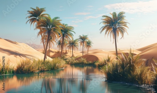 Desert oasis with palm trees and sand dunes, 4K hyperrealistic photo