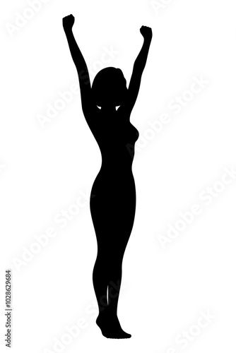 Silhouette of a slim woman with her arms raised in victory