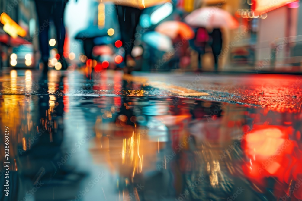 Fototapeta premium Vibrant reflections of city lights illuminate a wet street, full of bustling pedestrians and the energy of urban nightlife in the rain.