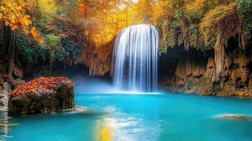 Serene Waterfall in Vibrant Autumn Landscape