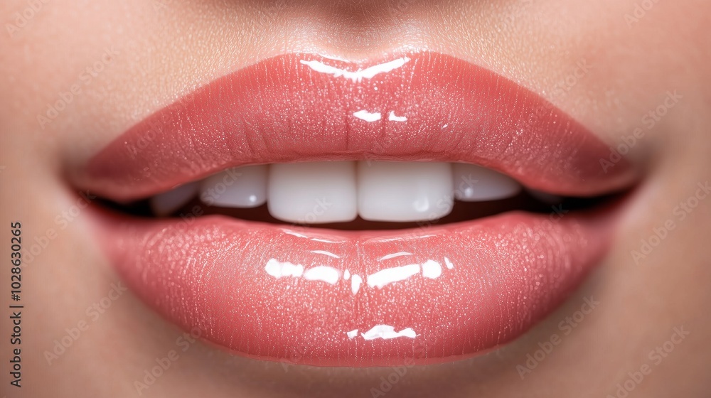 Obraz premium Close-Up of Woman’s Lips with Glossy Light Pink Lipstick and Smooth Shiny Finish, Slightly Parted to Reveal Straight White Teeth