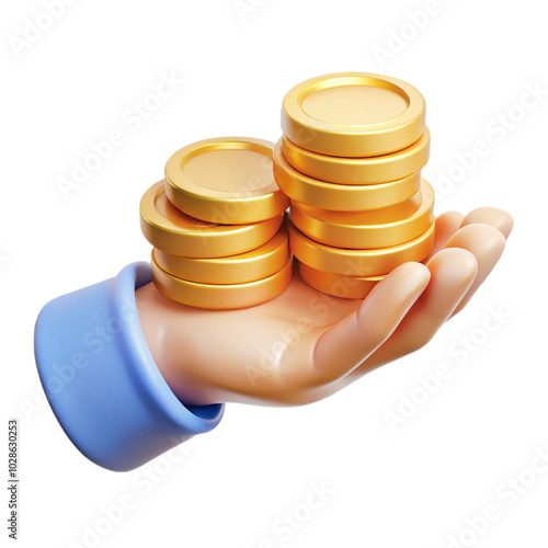Support hand with gold coin stack 3d cartoon style illustration