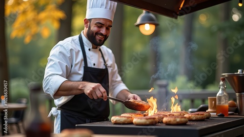 Grilled meat cutlets are roasting on barbecue grill outdoors. BBQ. Grilled food fried and smoked in charcoal grills. Street food for picnic and outdoor cafe