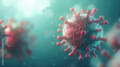 A detailed 3D rendering of virus particles, showcasing their spiky surface and soft bokeh background, illustrating a scientific medical concept.