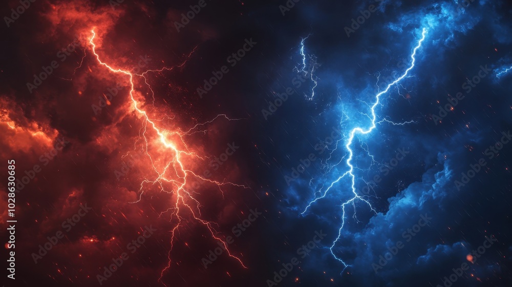 Red and blue lightning bolts strike against each other in a fierce storm, filling the sky with electric energy and power Red and blue lightning bolts strike against each other in a fierce storm, filling the sky with electric energy and power