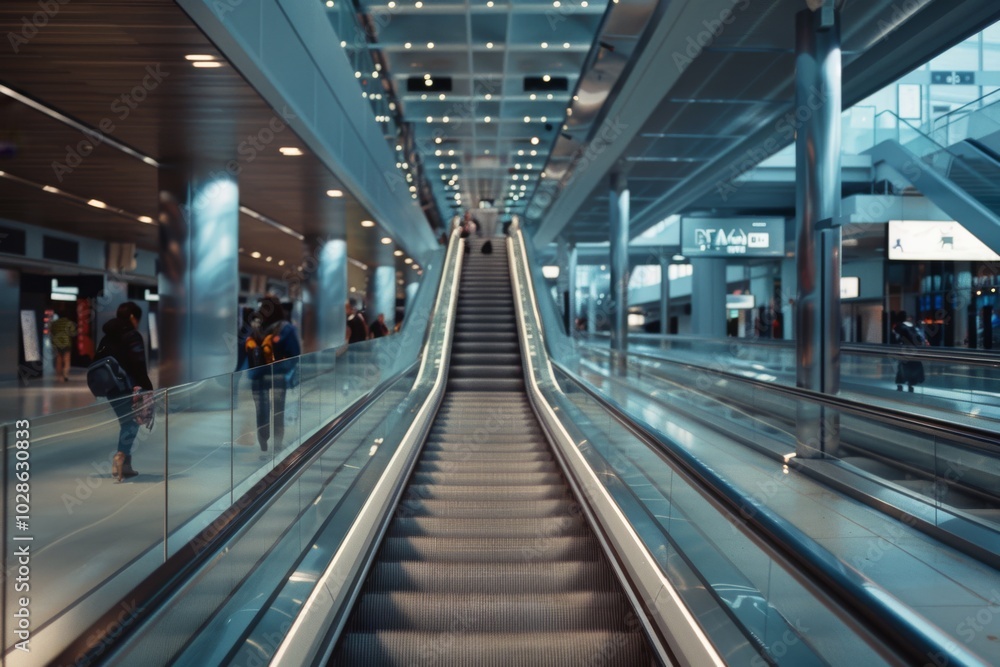 A futuristic escalator stretches into the distance, embodying movement and modernity amidst a bustling airport's clean and structured design. A futuristic escalator stretches into the distance, embodying movement and modernity amidst a bustling airport's clean and structured design.