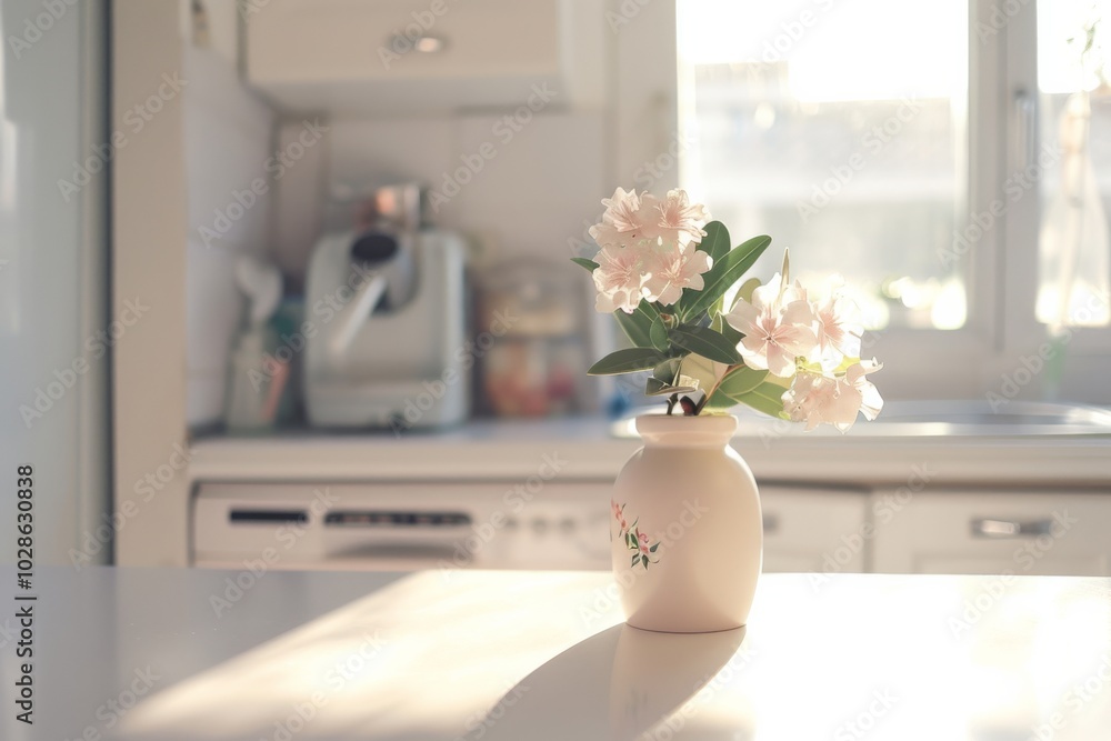 Soft morning light glows through a window, illuminating fresh flowers in a vase on a kitchen counter for a peaceful, homely scene. Soft morning light glows through a window, illuminating fresh flowers in a vase on a kitchen counter for a peaceful, homely scene.