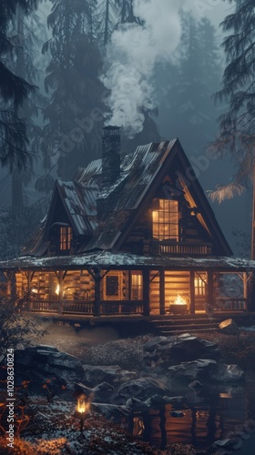 Cozy cabin in the woods with smoke rising from the chimney, 4K hyperrealistic photo