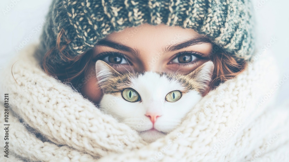 A woman and her cat, both wrapped in a cozy scarf, share an adorable close-up moment, emphasizing warmth and companionship. A woman and her cat, both wrapped in a cozy scarf, share an adorable close-up moment, emphasizing warmth and companionship.