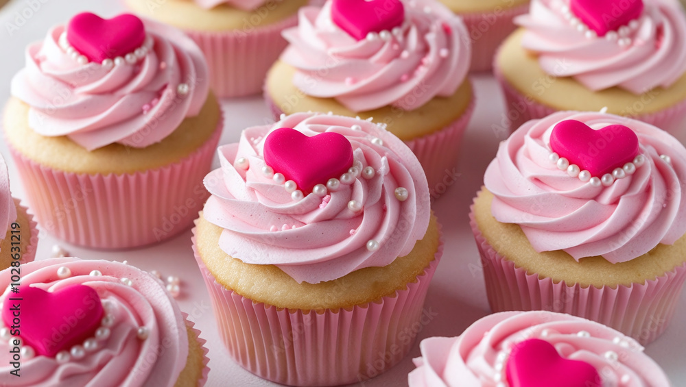 Beautiful Pink Cupcakes Topped with Frosting, Sprinkles and Hearts for St. Valentine’s Romantic Sweet Treats Beautiful Pink Cupcakes Topped with Frosting, Sprinkles and Hearts for St. Valentine’s Romantic Sweet Treats