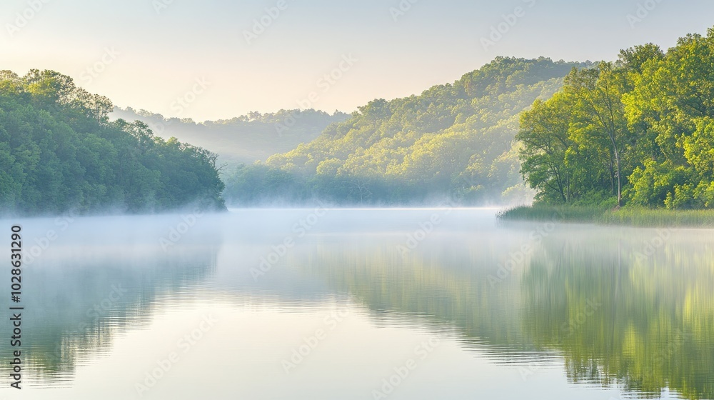 Serene Morning Mist Over Calm River Landscape Serene Morning Mist Over Calm River Landscape