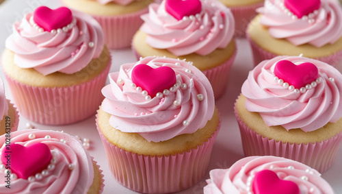 Beautiful Pink Cupcakes Topped with Frosting, Sprinkles and Hearts for St. Valentine’s Romantic Sweet Treats