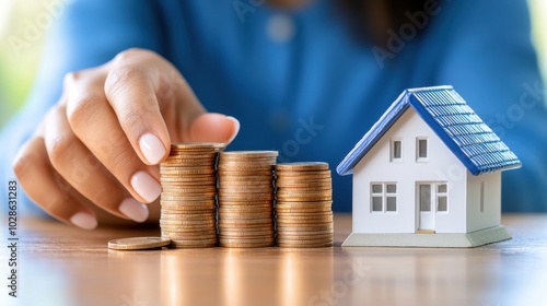 Person stacking coins next to a miniature house model. Home loan and investment. photo