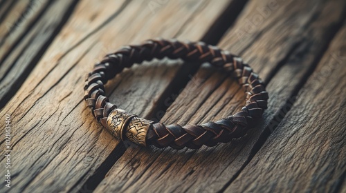 Elegant Brown Leather Bracelet on Wooden Surface