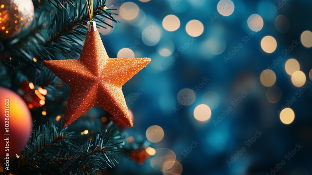 p of a Christmas star hanging on a tree, with blurred lights in the background p of a Christmas star hanging on a tree, with blurred lights in the background