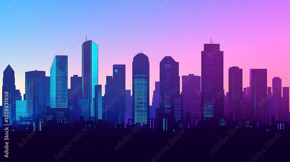 A cityscape silhouette against a gradient sky of purple and blue. A cityscape silhouette against a gradient sky of purple and blue.