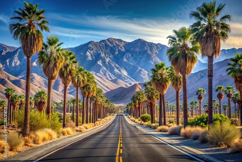 Panoramic desert road with palm trees and mountains in Coachella Valley, California