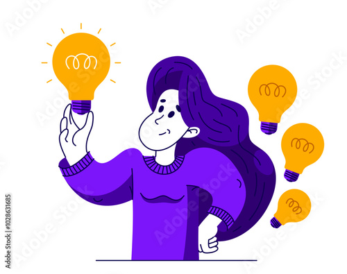 Young woman having a lot of ideas and choosing best one to solve some problem, vector illustration of a young person who is choosing between different ideas which one is working.