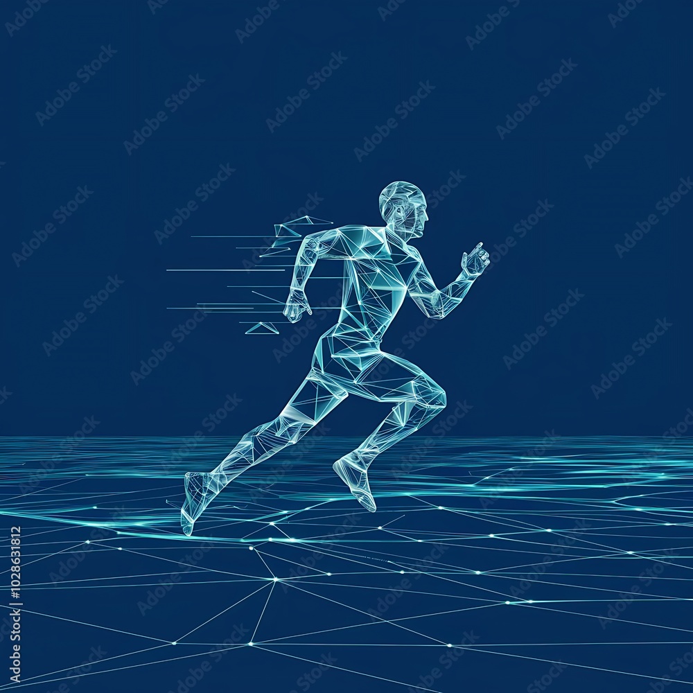 Abstract running man form lines and triangles, point connecting network on blue background. Illustration vector Abstract running man form lines and triangles, point connecting network on blue background. Illustration vector
